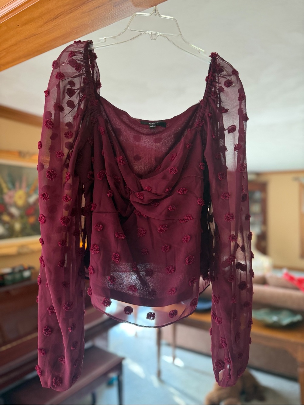 LuLu’s  Burgundy Long- sheer Sleeve Drape Neck Top